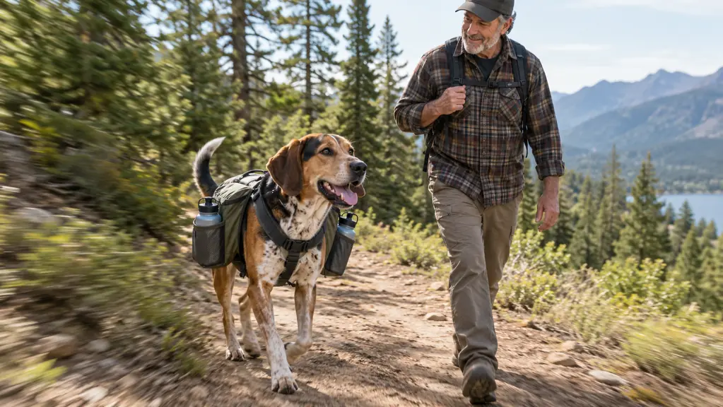 A dog wearing a backpack harness walking beside a person on a dirt trail with water bottles in the side pockets