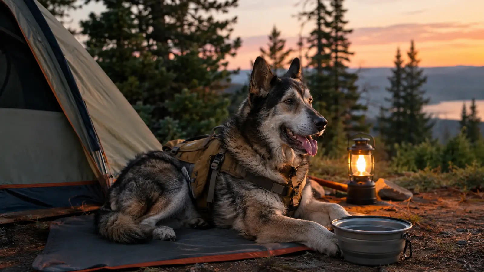 A dog wearing a backpack harness lying on a camp mat beside a tent at dusk, with a water bowl nearby