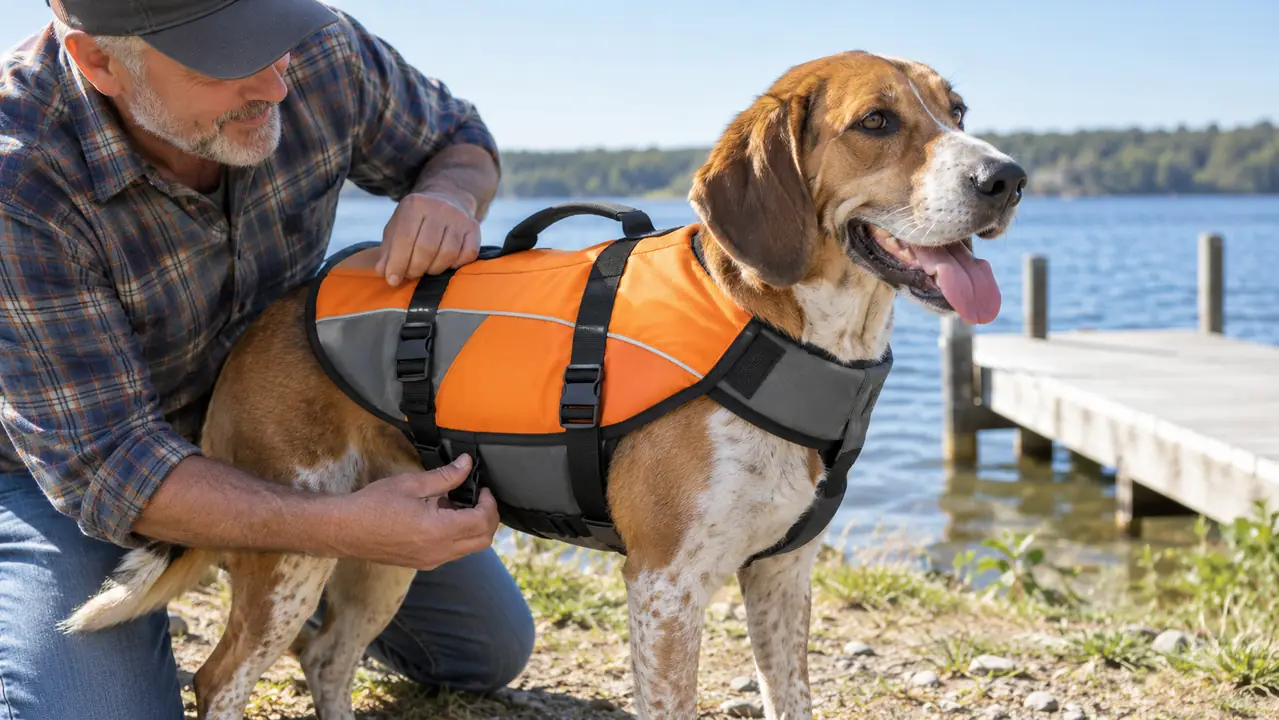 A hand adjusting the straps of a dog life jacket over the dog's back before a swim