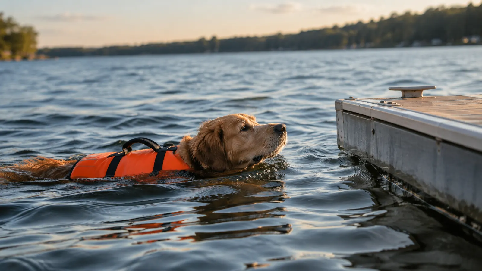 A dog wearing a life jacket swimming toward a floating dock with its head above the water