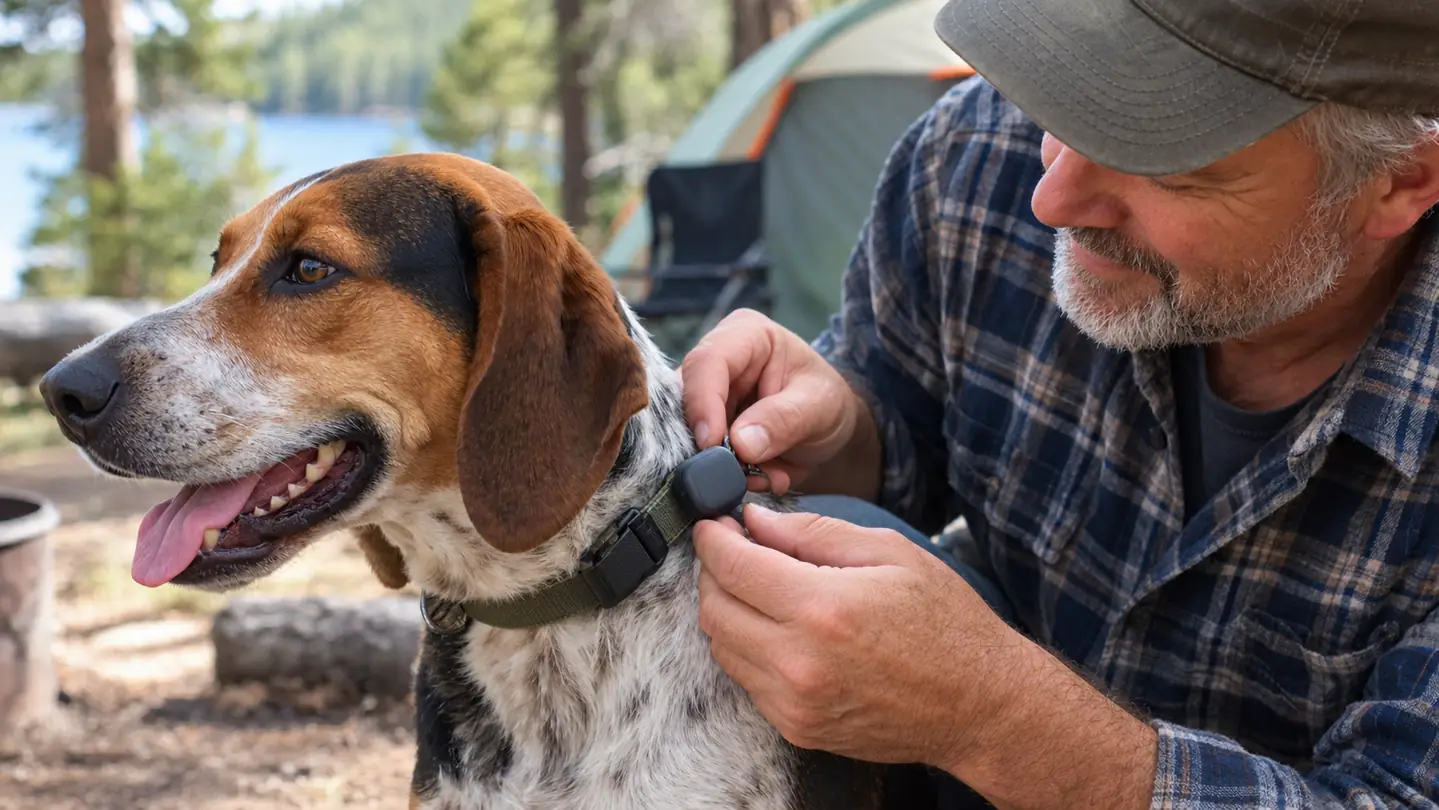 A hand clipping a cable swivel clip to a dog collar at a campsite