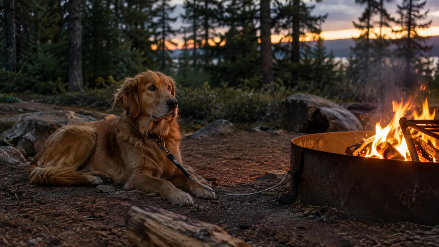 A dog lying on the ground beside a campfire ring, still on the cable, evening light