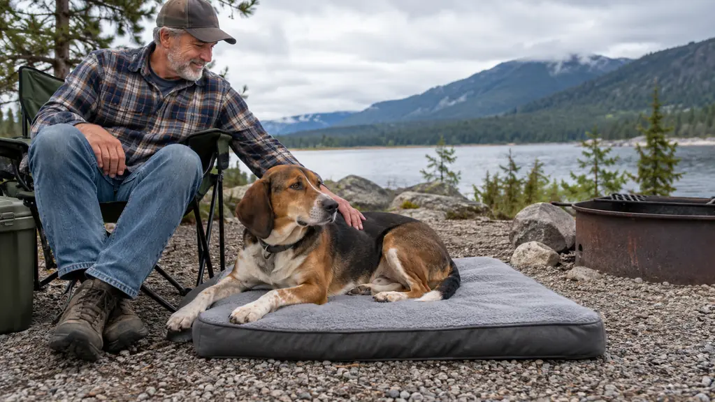 A dog lying on a mat beside a camp chair near a fire ring