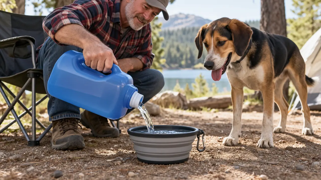 A hand pouring water from a jug into a collapsible bowl on the ground beside a camp chair