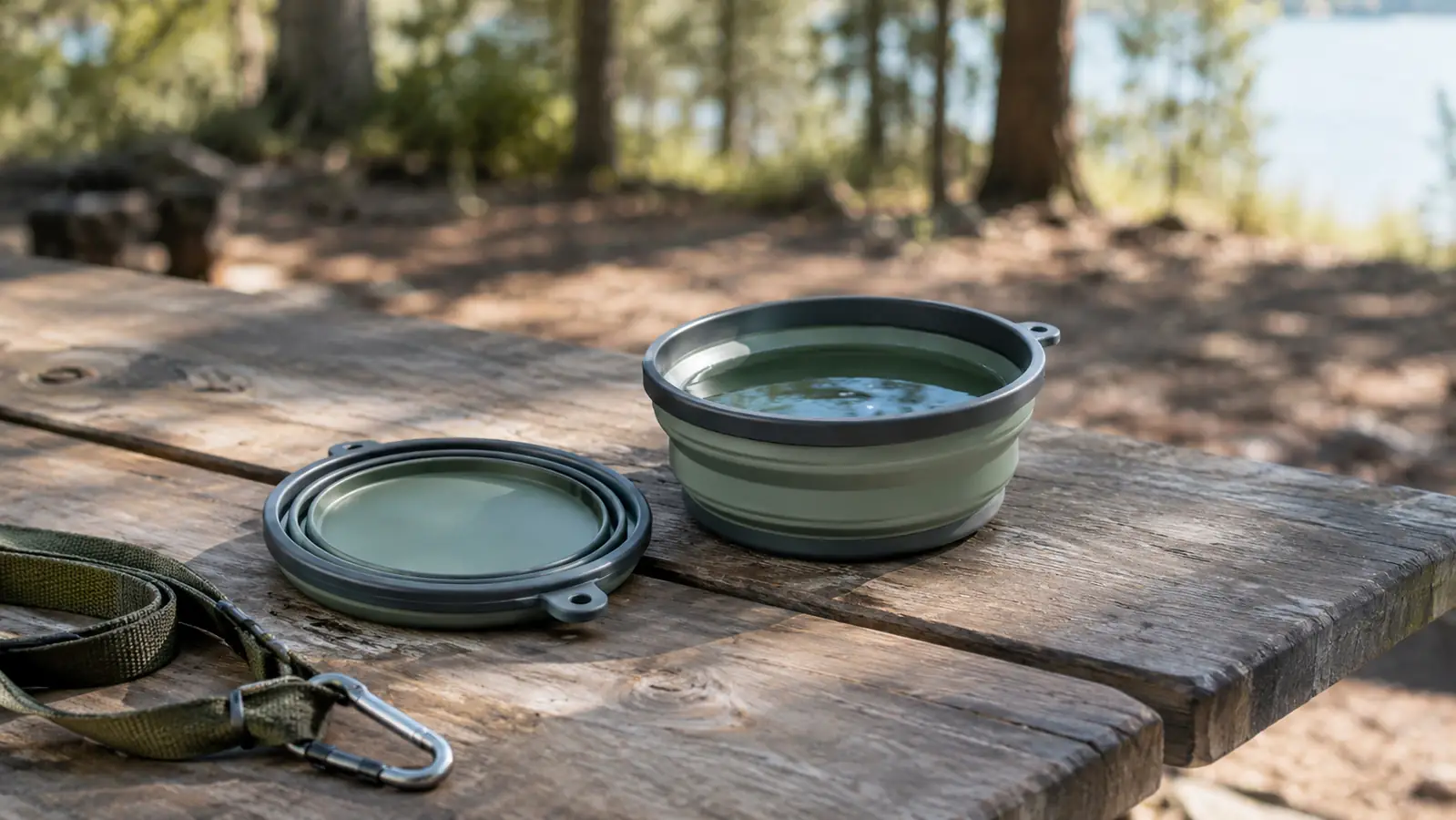 A collapsible bowl folded flat next to a full water bowl on a picnic table to show the size difference