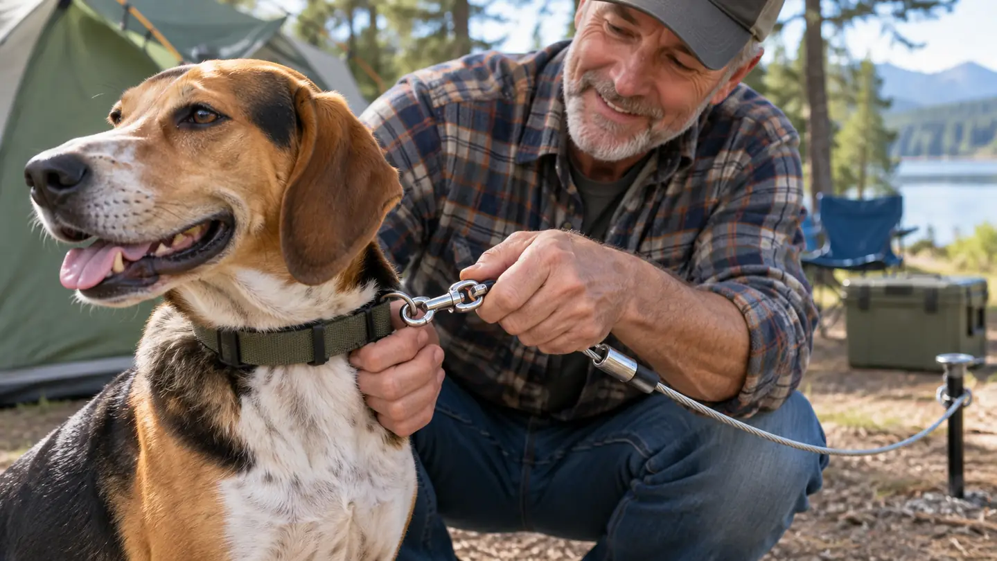 A hand attaching a swivel clip from a tie-out cable to a dog's collar