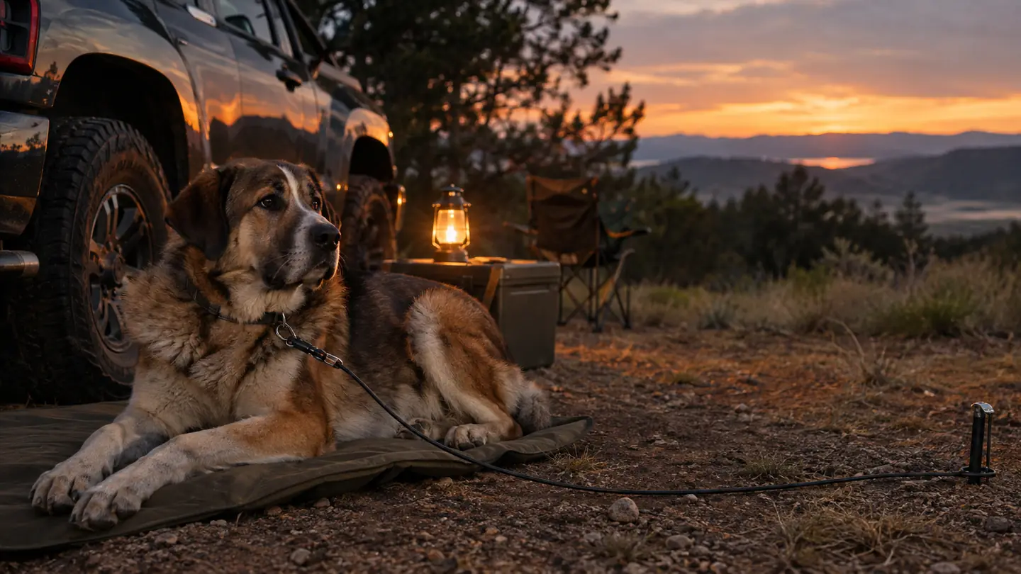 A dog lying on a camp mat beside a pickup truck at dusk, the tie-out cable visible on the ground