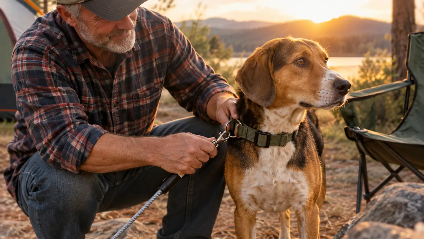 A hand attaching a tie-out cable clip to a dog's collar while the dog stands beside a camp chair