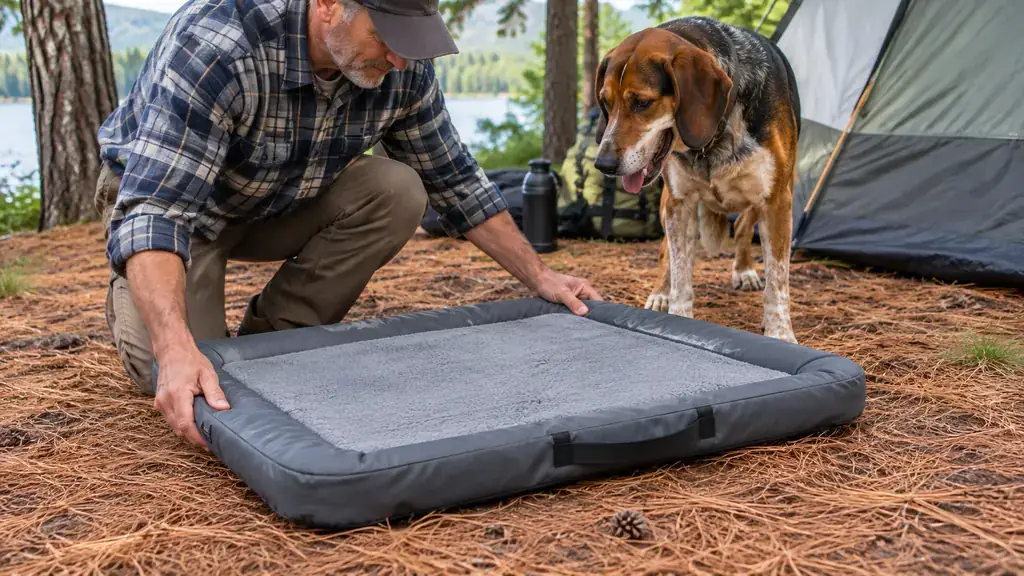 A hand placing a waterproof outdoor dog bed on the ground beside a tent at a campsite