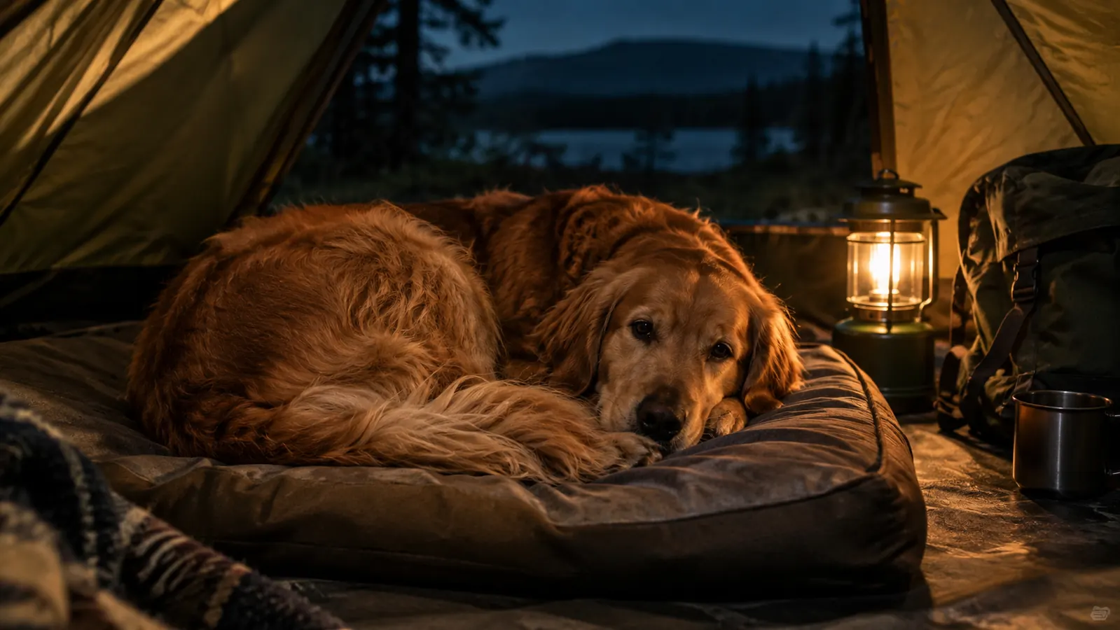 A large dog curled up on an outdoor dog bed inside a tent at night, lit by a small lantern