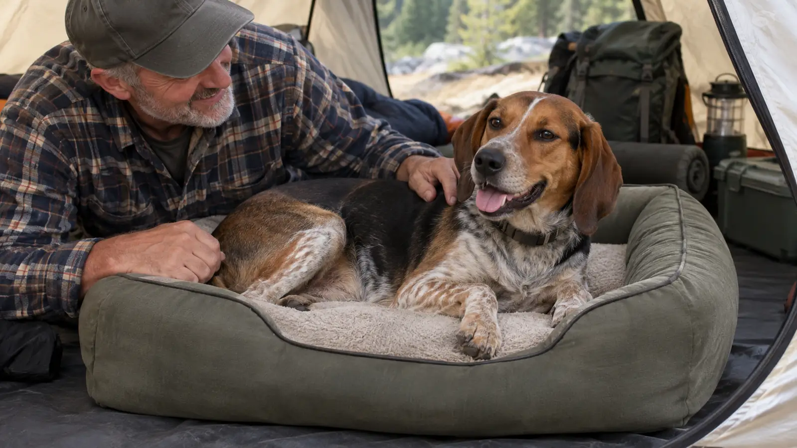 A dog lying on an outdoor dog bed inside a tent at a campsite