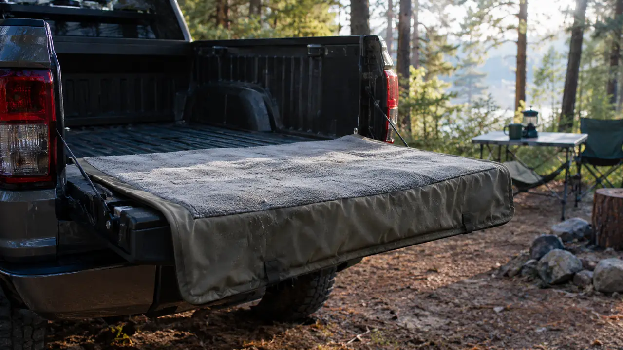 A flat dog mat draped over a pickup tailgate to dry at a forest campsite in the morning