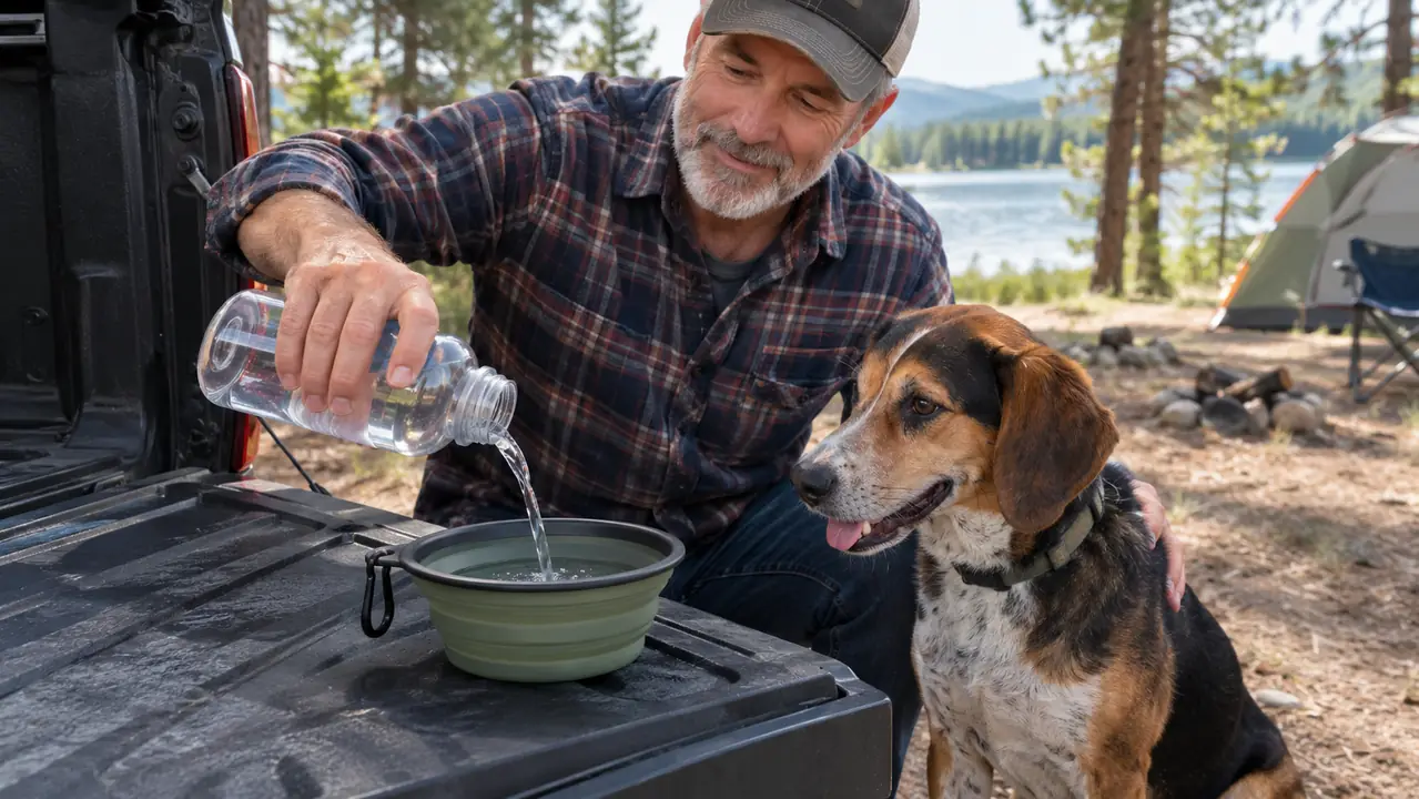 A hand pouring water from a bottle into a collapsible dog bowl on the tailgate of a pickup truck