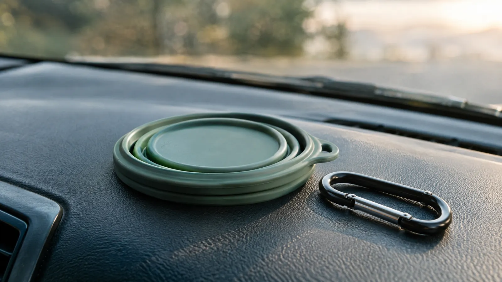 A collapsible dog bowl folded flat next to a carabiner on a truck dashboard