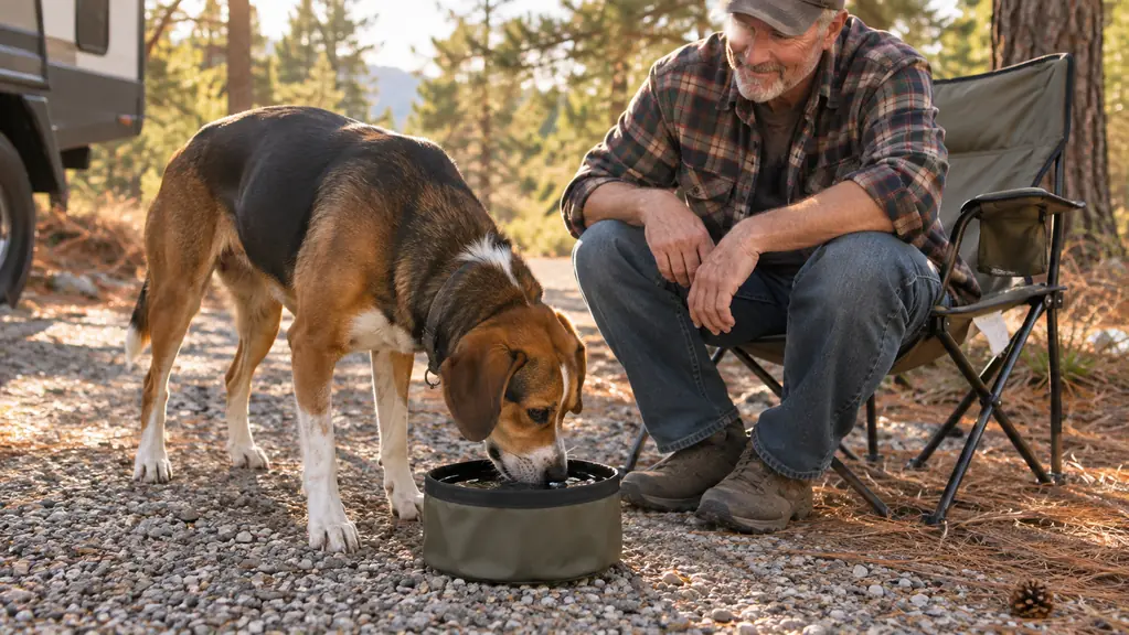 A dog drinking from a collapsible bowl set on gravel beside a camp chair in late afternoon light