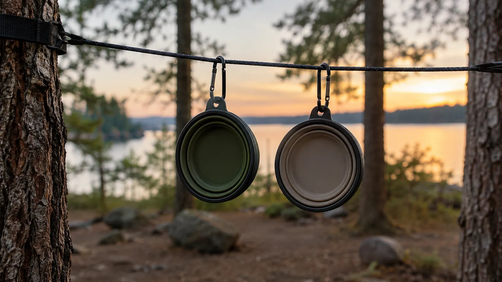 Two collapsible bowls hanging from carabiners on a tie-out line stretched between two pine trees at a campground