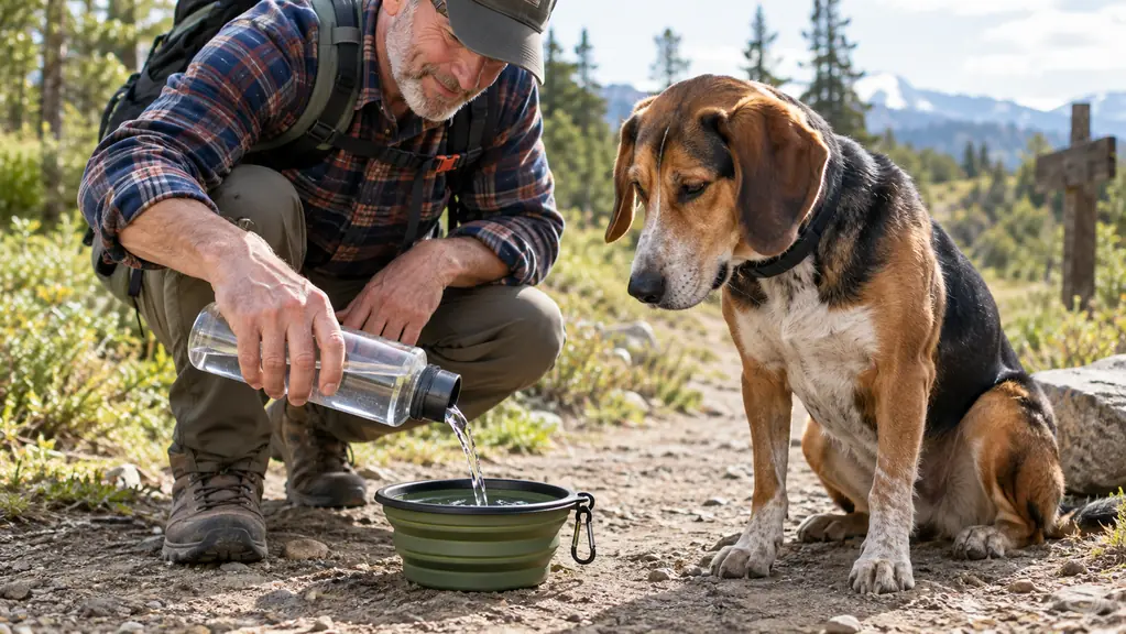 A hand pouring water from a bottle into a collapsible dog bowl on the ground while a large dog waits beside it