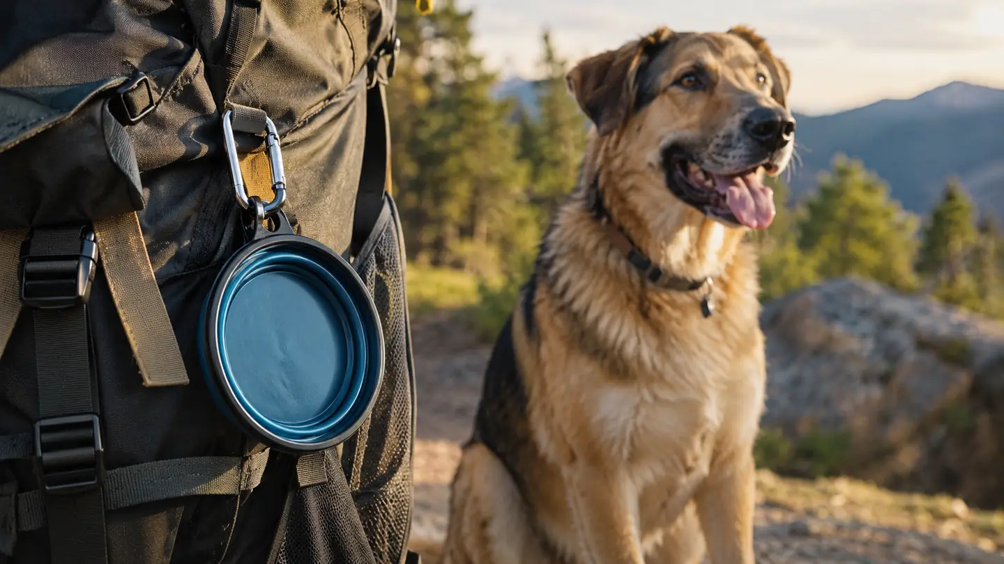 A collapsible dog bowl hanging from a carabiner on the outside of a backpack at a trailhead