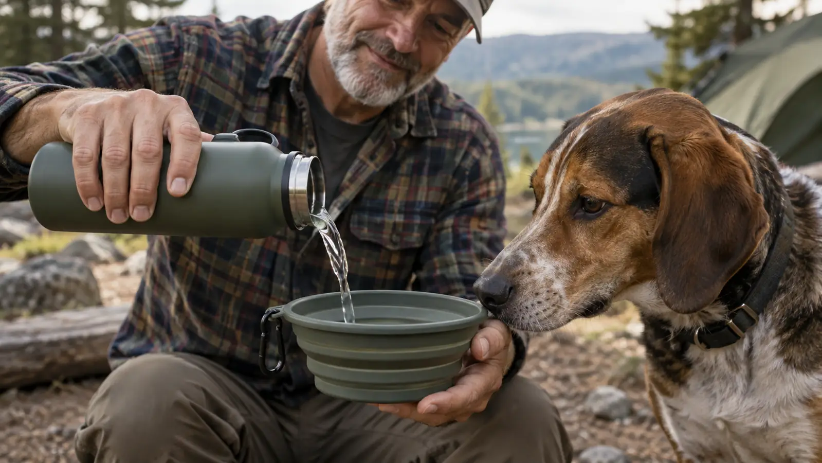 A hand pouring water from a bottle into a collapsible bowl held by the other hand