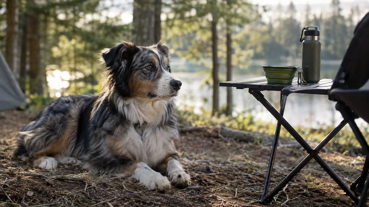 A dog resting beside a collapsible bowl and a travel water bottle on a camp table