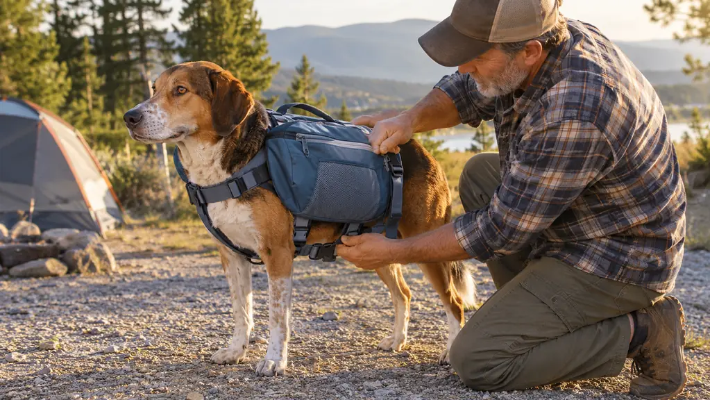 A person adjusting the straps of a dog backpack while the dog stands patiently on a gravel campsite