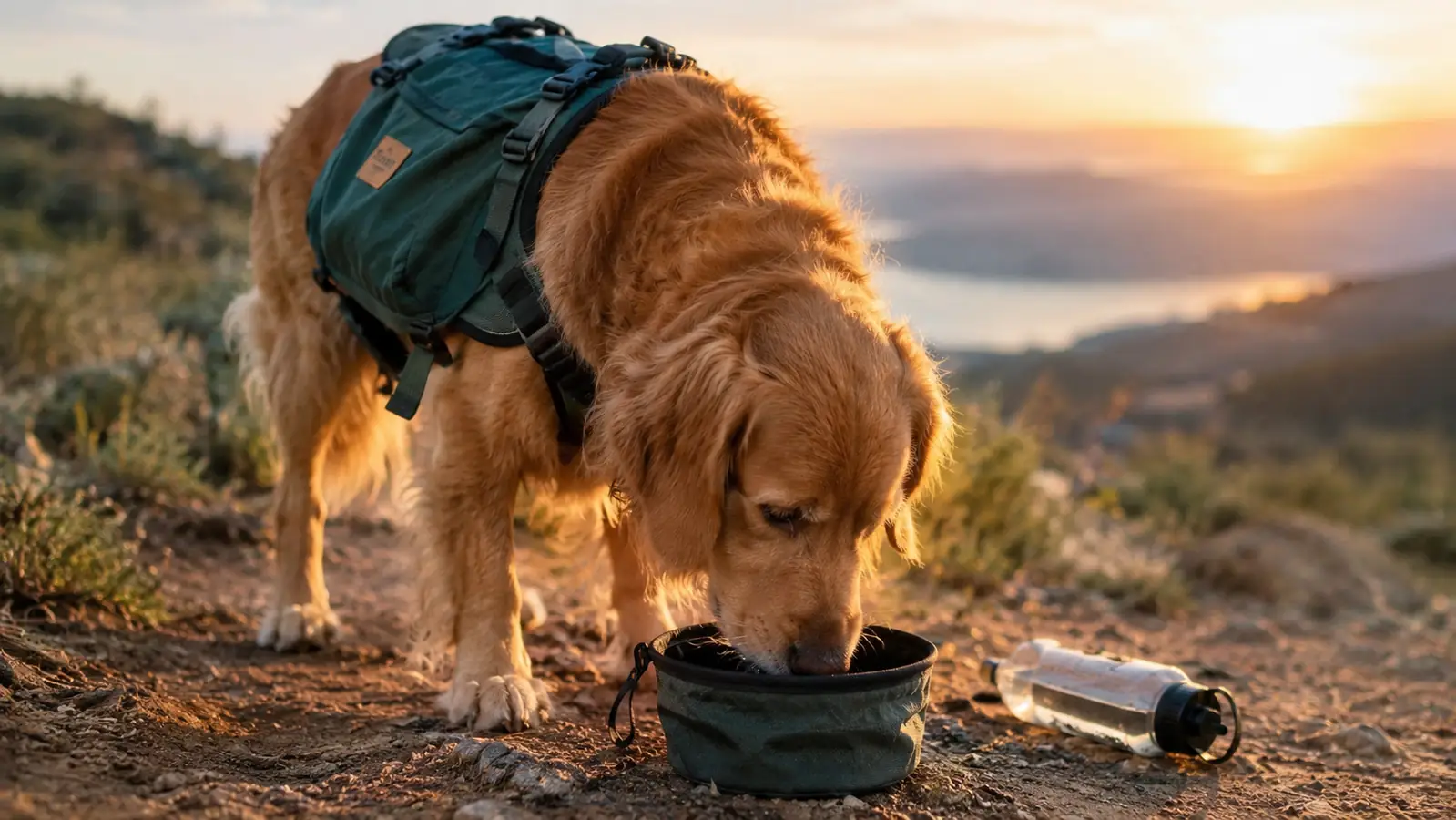A dog wearing a backpack drinking from a collapsible bowl on a trail, water bottle beside it