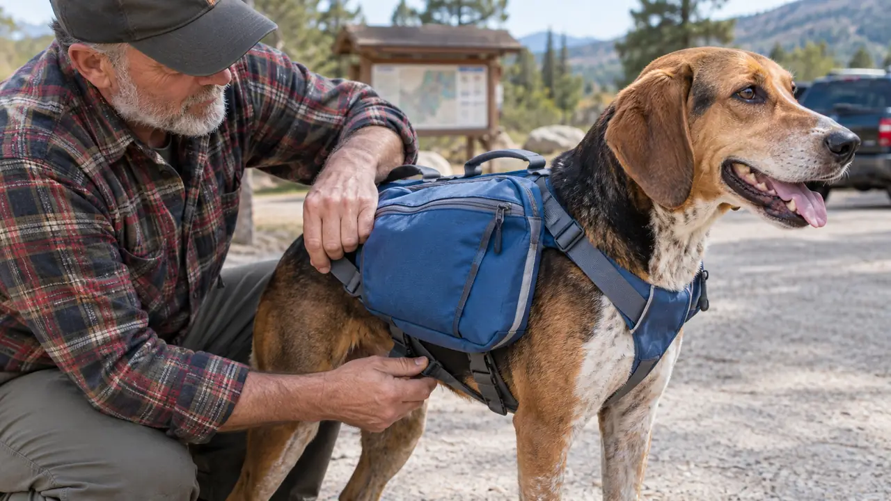 Hands tightening the girth strap of a dog backpack on a large dog standing calmly at a trailhead