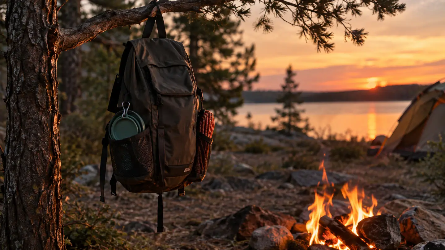 At a campsite at dusk, a dog backpack with a collapsible bowl and a coiled tie-out line in its side pockets hangs from a low tree branch