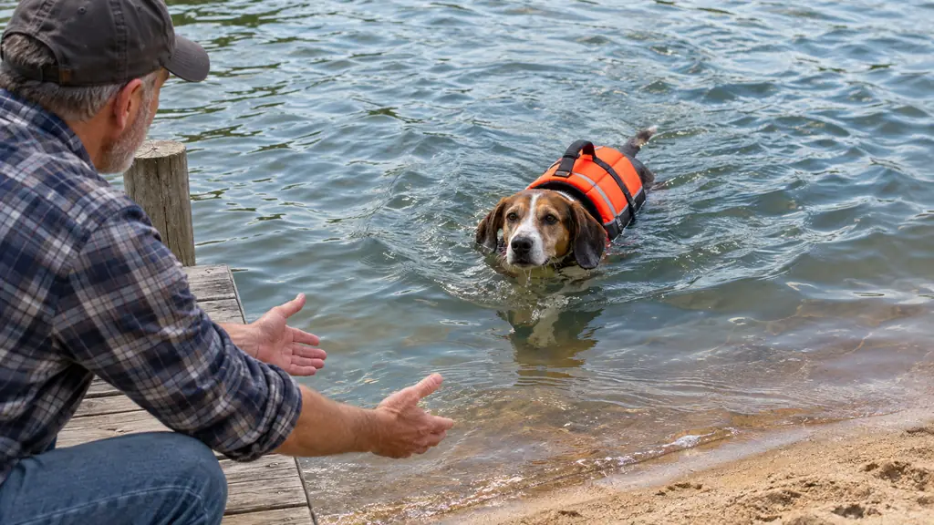 A large dog swimming steadily toward shore wearing a life jacket, seen from the dock