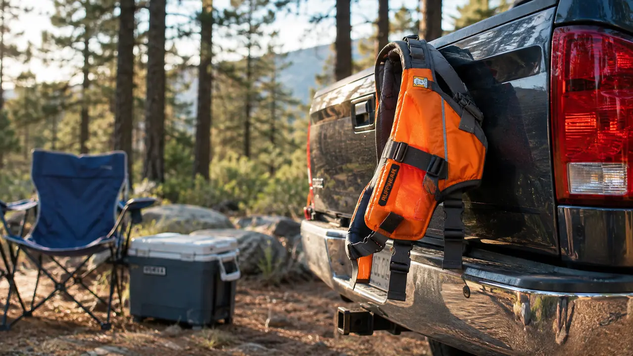 A dog life jacket airing out over the tailgate of a pickup truck at a forest campsite in late afternoon
