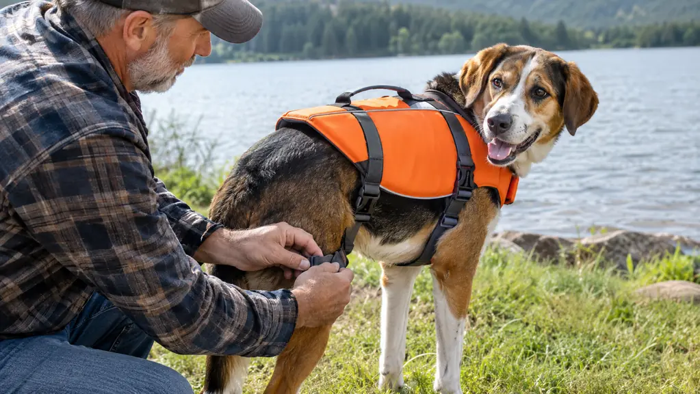A hand adjusting the straps of an orange dog life jacket on a large dog standing on a grassy shore