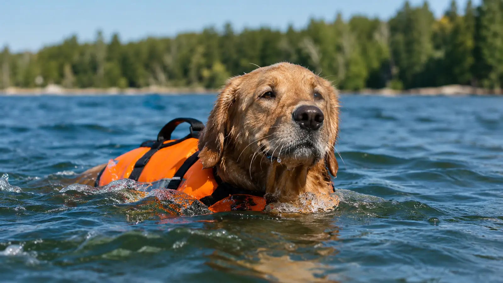 A large dog swimming in a lake with its head held high, wearing an orange life jacket