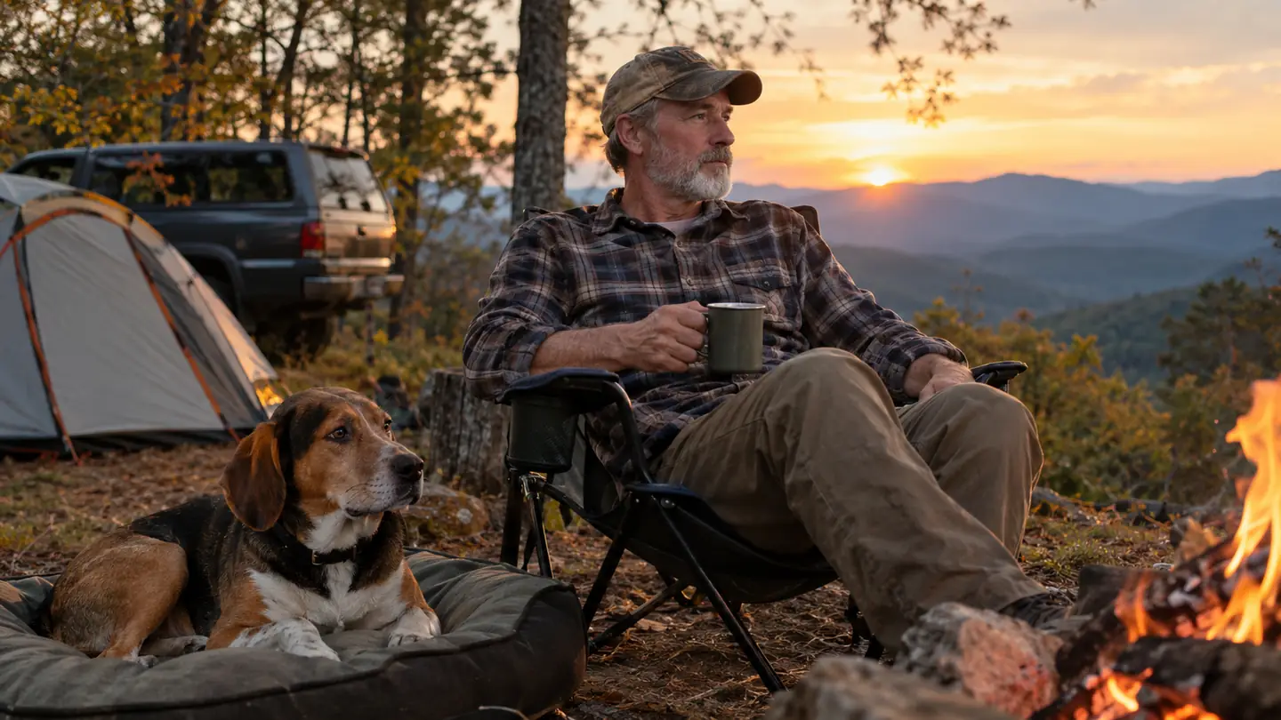 A dog resting on an outdoor bed beside a tent at a wooded campsite in the evening