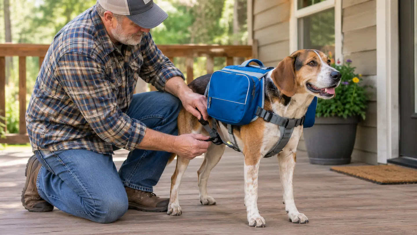 A person adjusting the straps of a dog backpack while the dog stands calmly on a porch