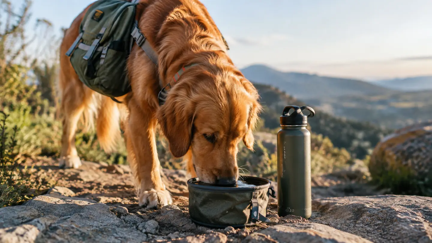 A dog wearing a backpack drinking from a collapsible bowl on a trail