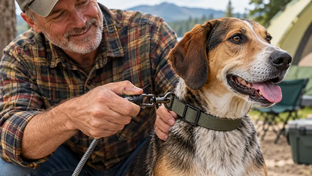 A hand clipping a cable swivel clip to a dog's collar at a campsite