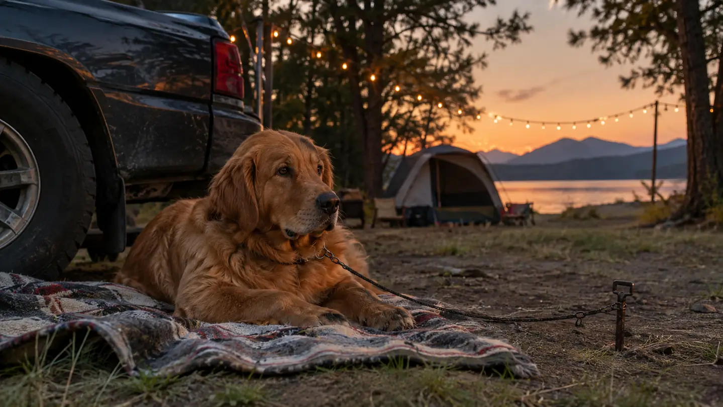 A dog lying on a camp blanket beside a pickup truck at dusk, still on its tie-out cable
