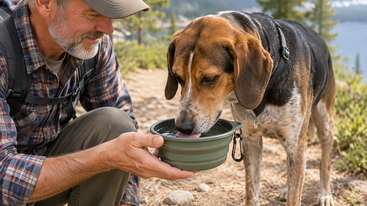 A hand holding a collapsible bowl filled with water while a dog drinks from it beside a trail
