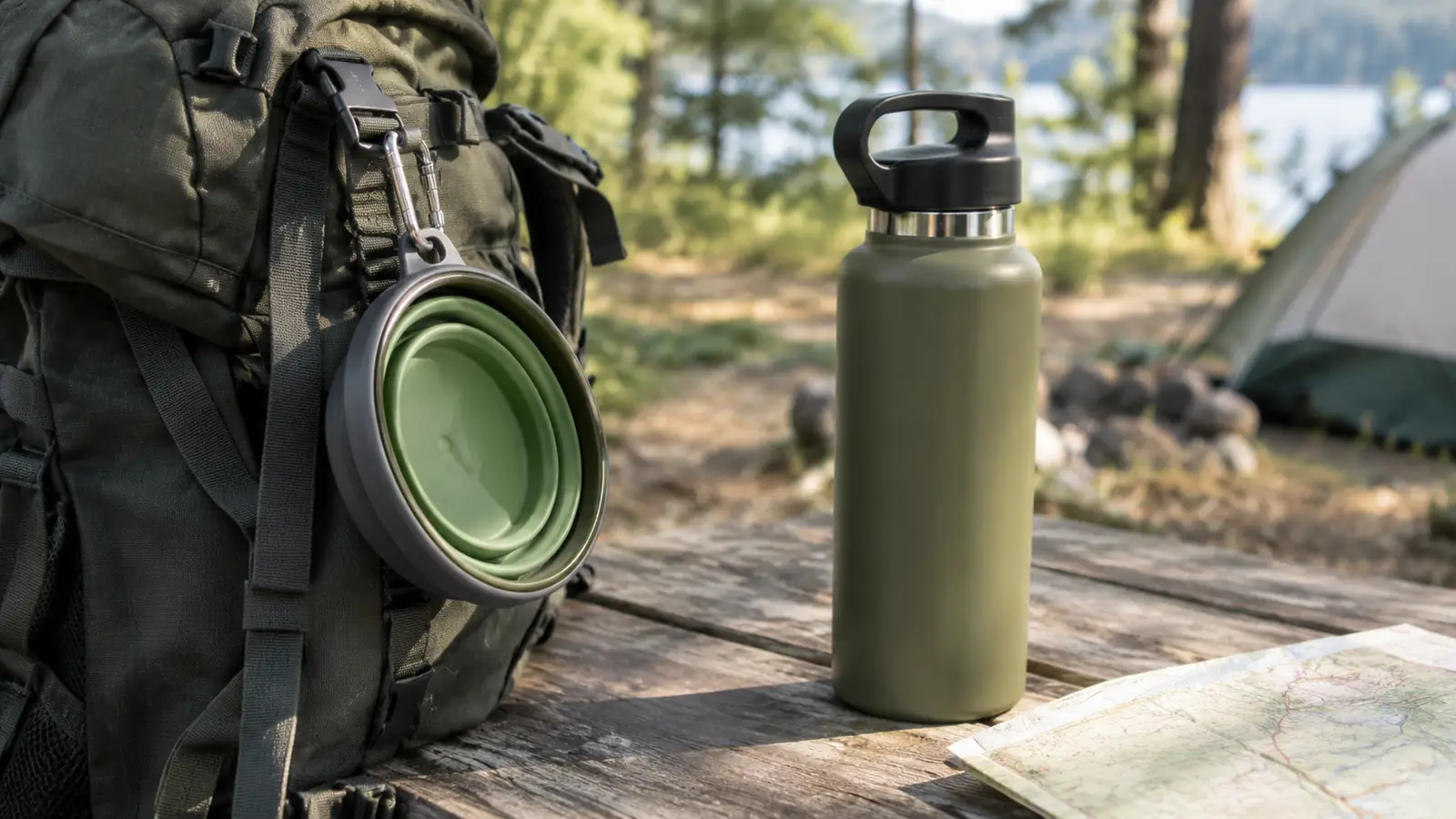 A collapsible bowl clipped to a backpack with a carabiner, next to a water bottle on a picnic table
