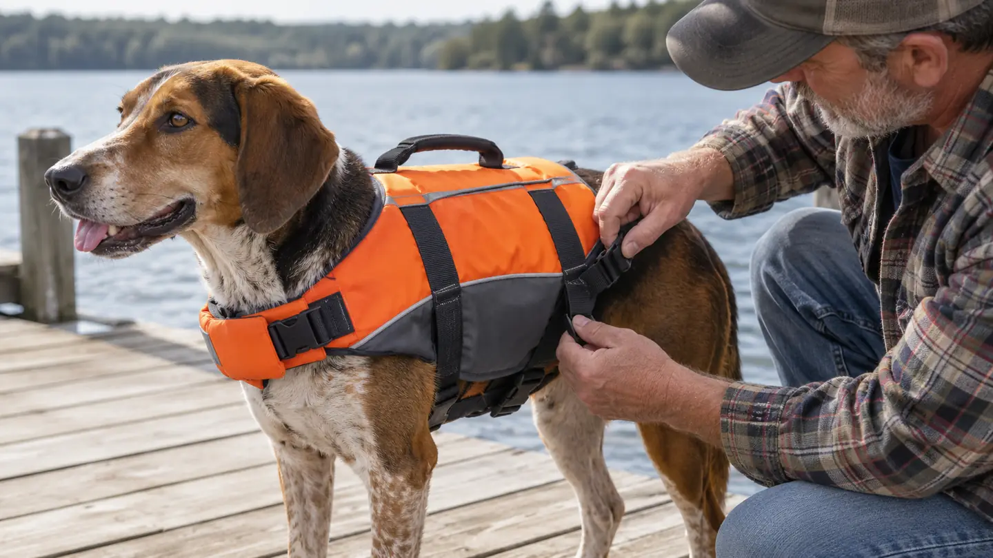 A person's hands adjusting the straps of a dog life jacket while the dog stands patiently on a wooden dock