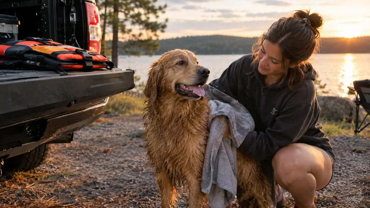 A wet dog standing beside a pickup truck tailgate while a person towels it dry, with a folded life jacket on the tailgate