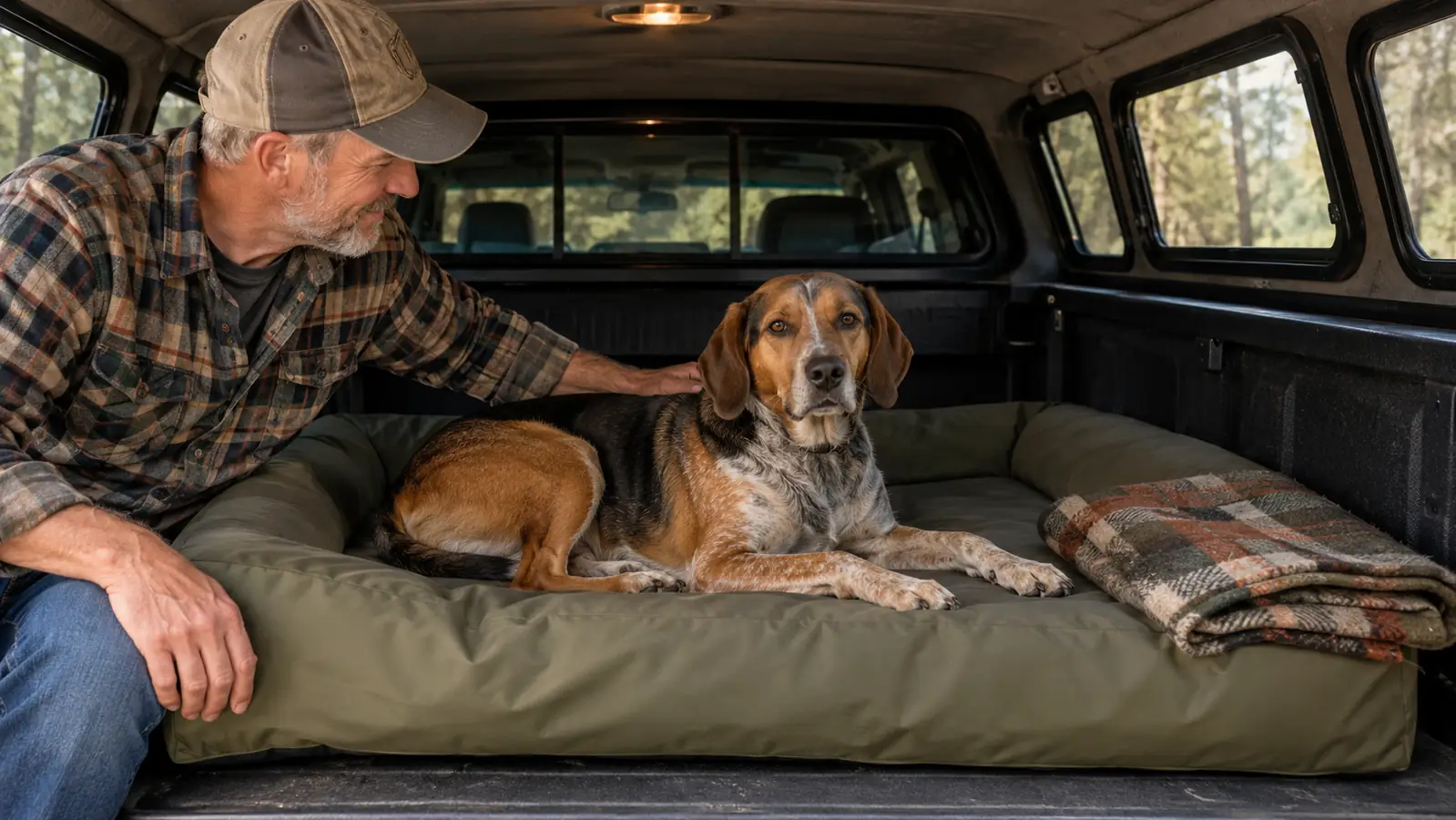 The dog settled on the waterproof outdoor dog bed in the back of a pickup truck under a bed topper