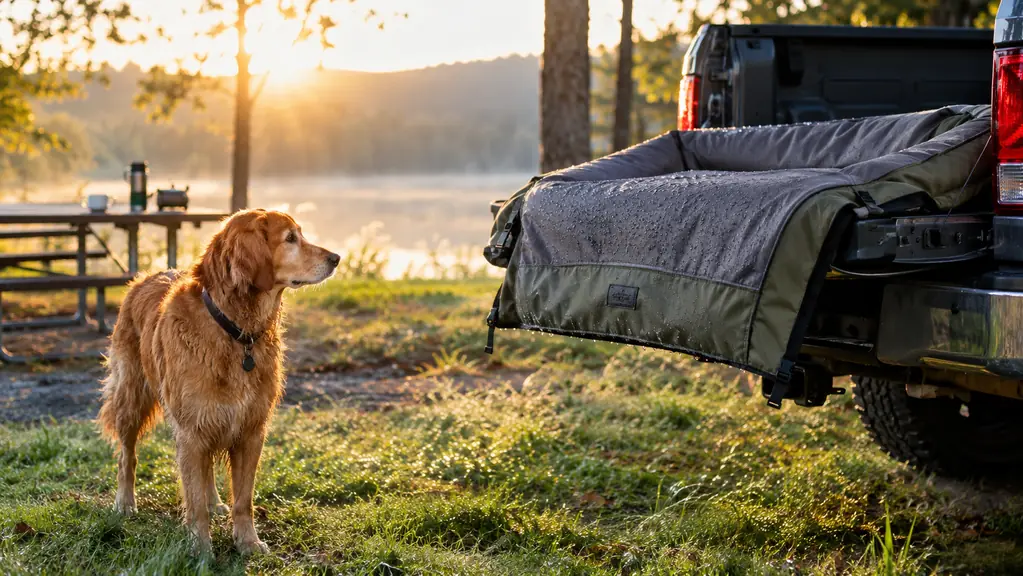 Morning at a campground: the waterproof outdoor dog bed draped over a truck tailgate to dry in early sun, the dog waiting nearby