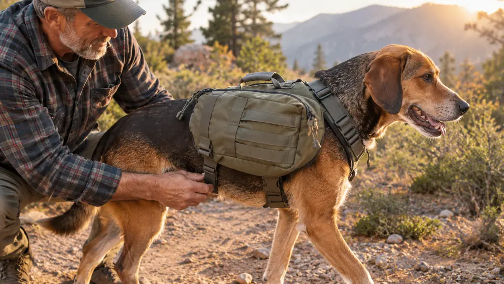 a dog walking on a trail wearing a backpack with side pockets, a person adjusting a strap