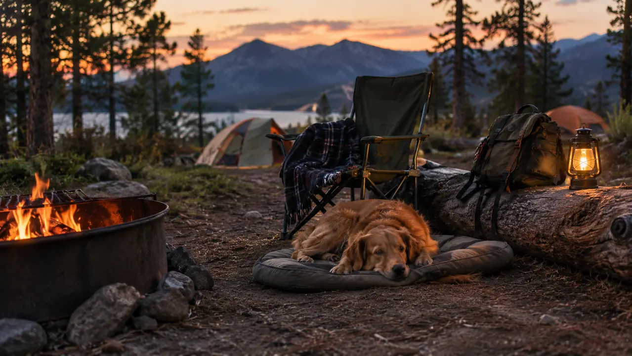 a camp scene at dusk with a dog resting on a pad beside a camp chair, a backpack on a log nearby