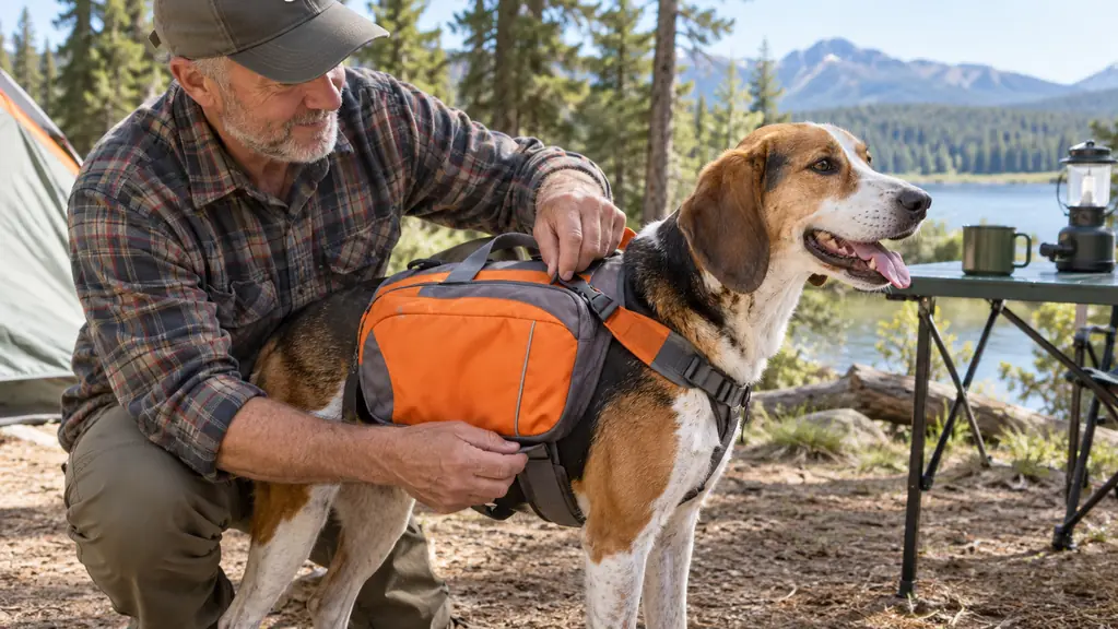 A hand adjusting the straps of a dog backpack harness on a dog standing beside a campsite table