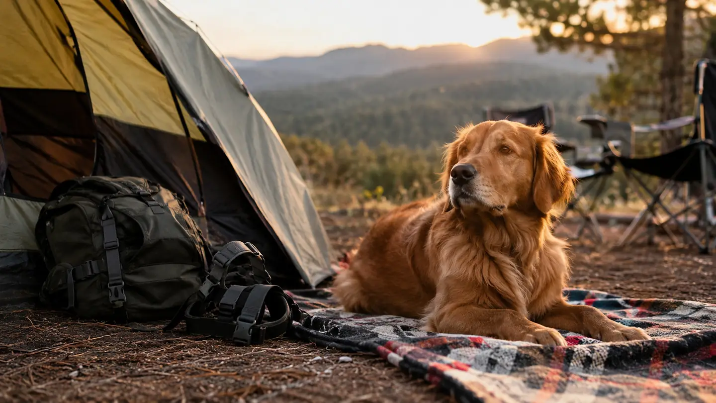 A dog lying on a camp blanket beside a tent, the backpack harness set on the ground nearby