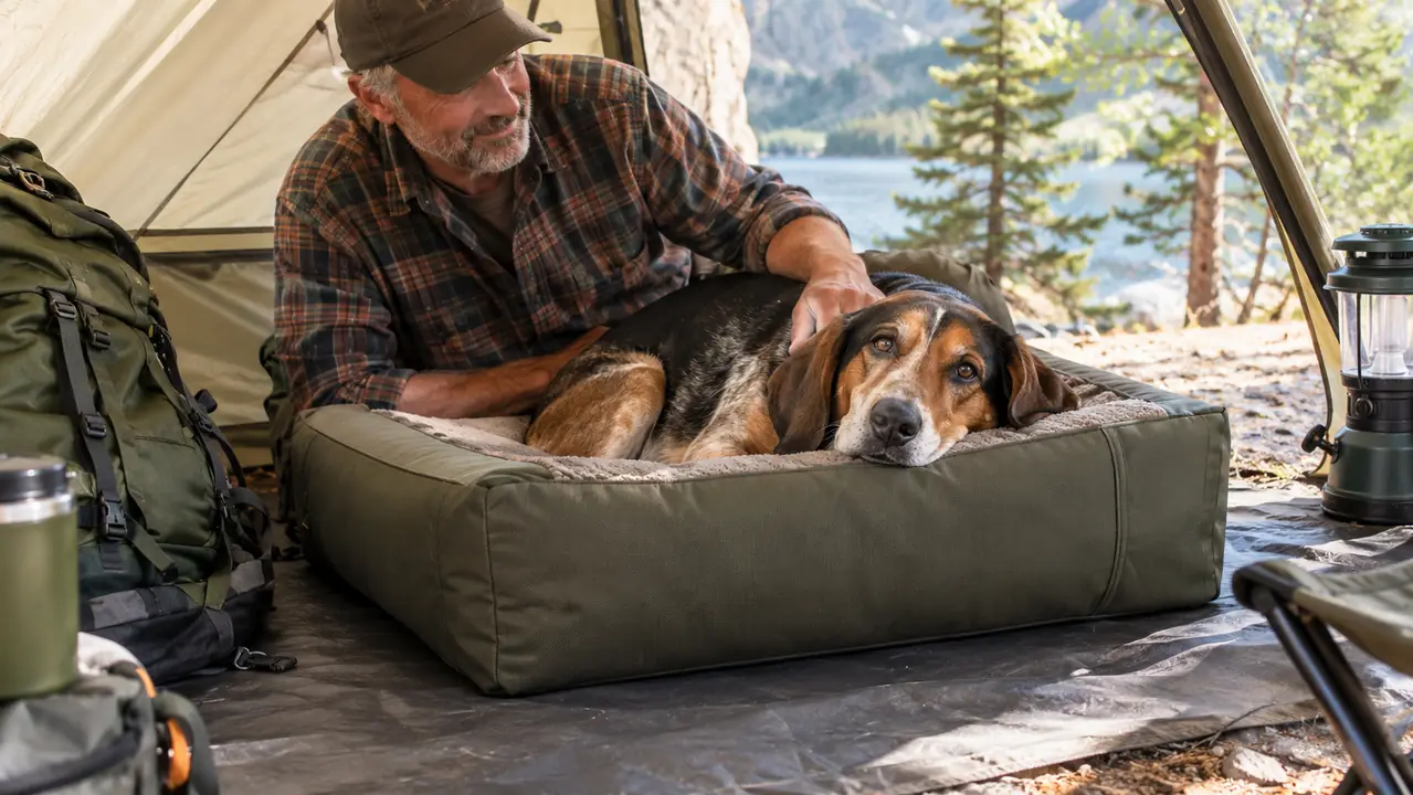 A dog lying on a waterproof outdoor bed inside a tent vestibule, head resting on the padded edge