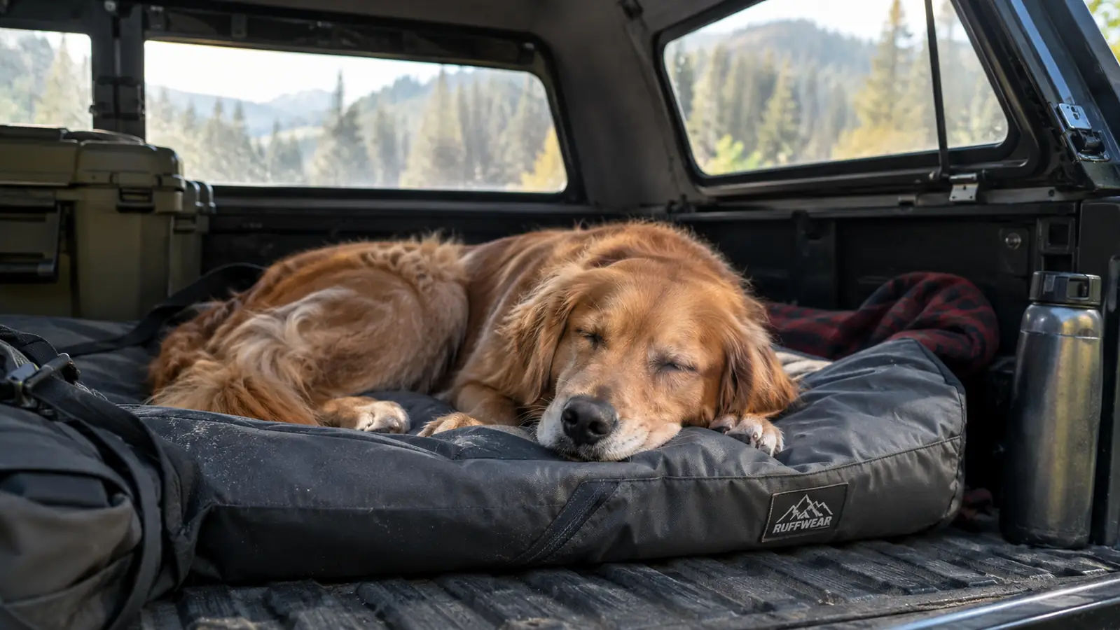 A dog sleeping on a waterproof bed in the back of a pickup truck with a topper, morning light through the window