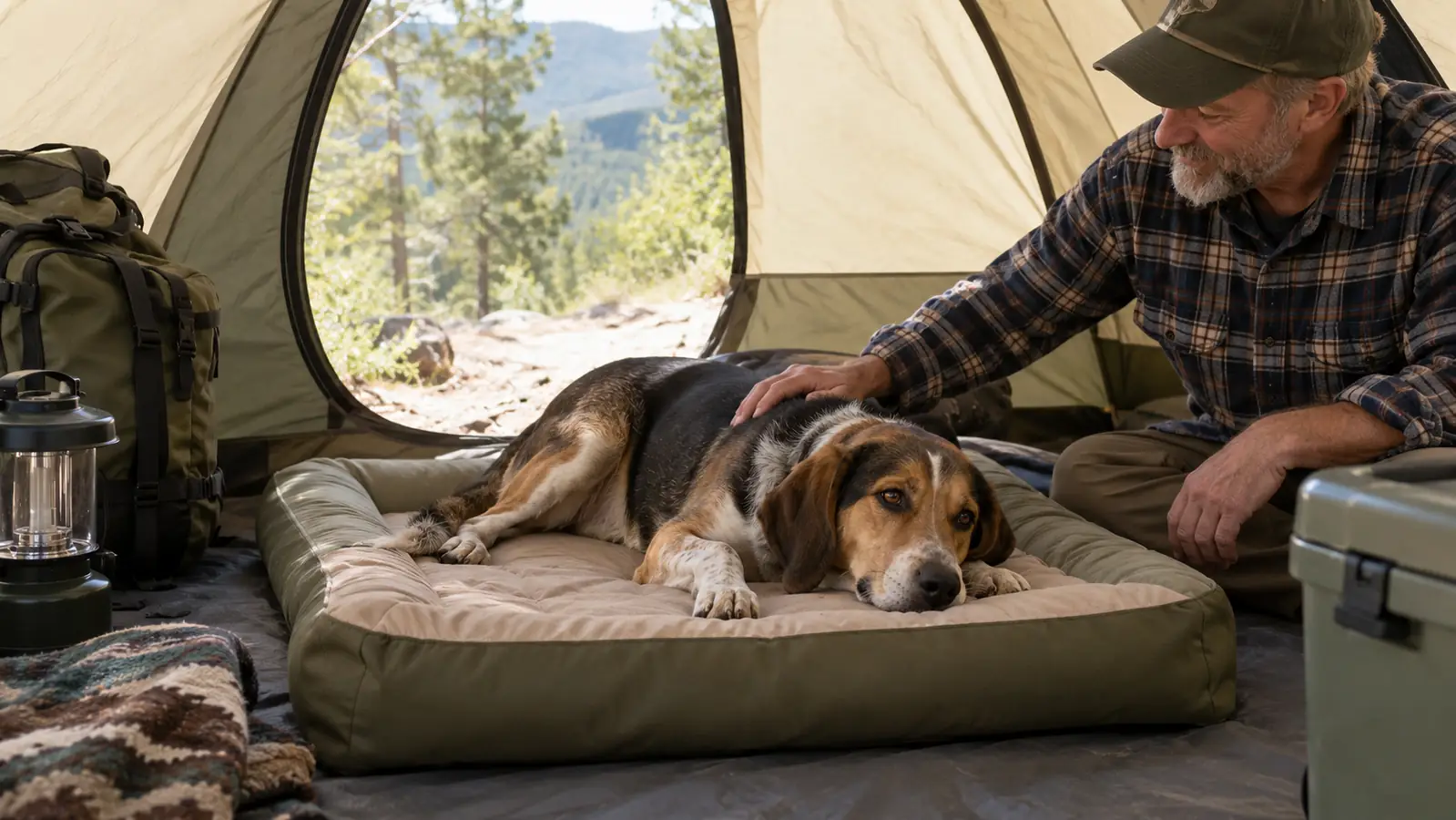 A dog lying on a cushioned mat inside a tent at midday, with camping gear around